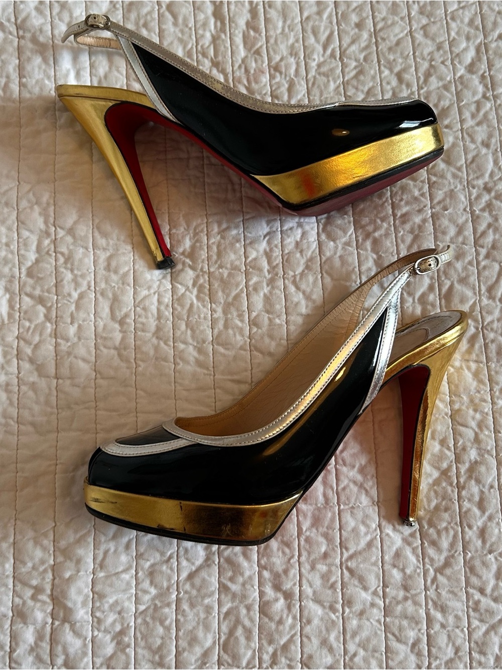 Christian Louboutin Foxtrot Black and Silver Patent Slingback Pumps w/Gold Trim